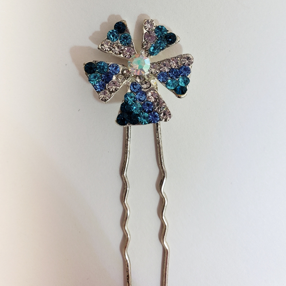 Blue and Silver Crystal Pinwheel Floral Hair Accessory - Crystal Hair Jewellery